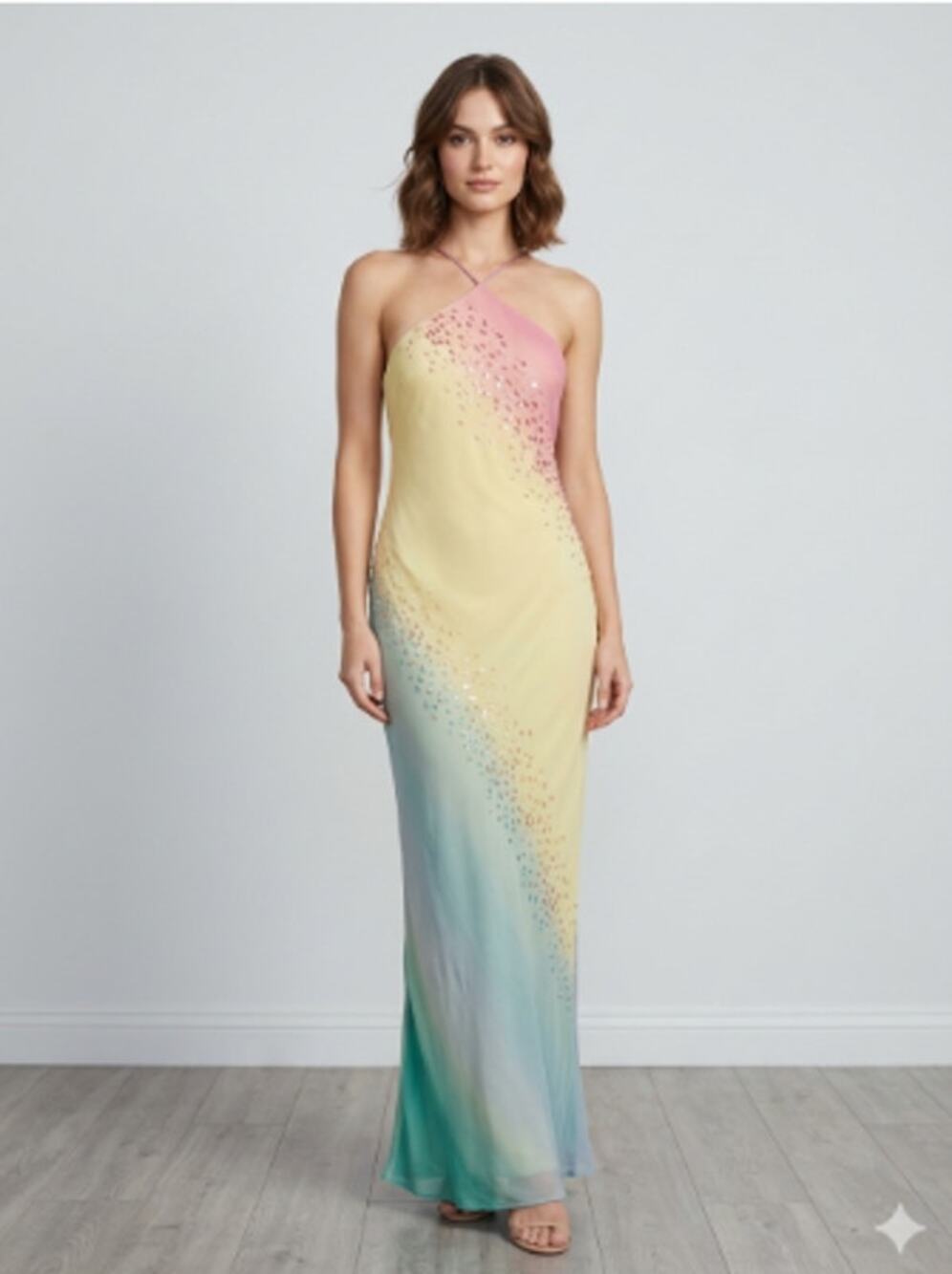 Vintage Y2K Pastel Rainbow Gradient Beaded Silk Halter Maxi Dress Size 3/4 Fairy